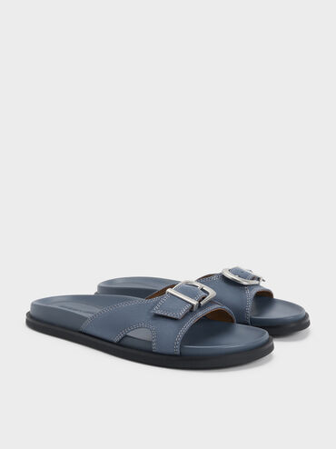 Sendal Selop Buckled Stitch-Trim Faux Suede, Blue, hi-res