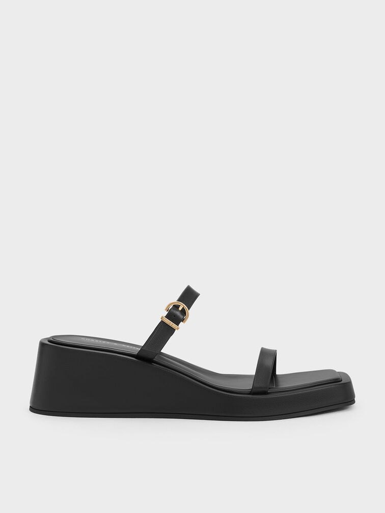 Sepatu Wedge Mules Square-Toe, Black, hi-res
