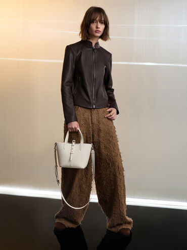 Tas Bucket Belted Double-Handle Recycled Leather Beryl, Cream, hi-res