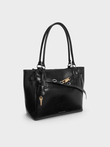 Delfina Belted Tote Bag, Noir, hi-res