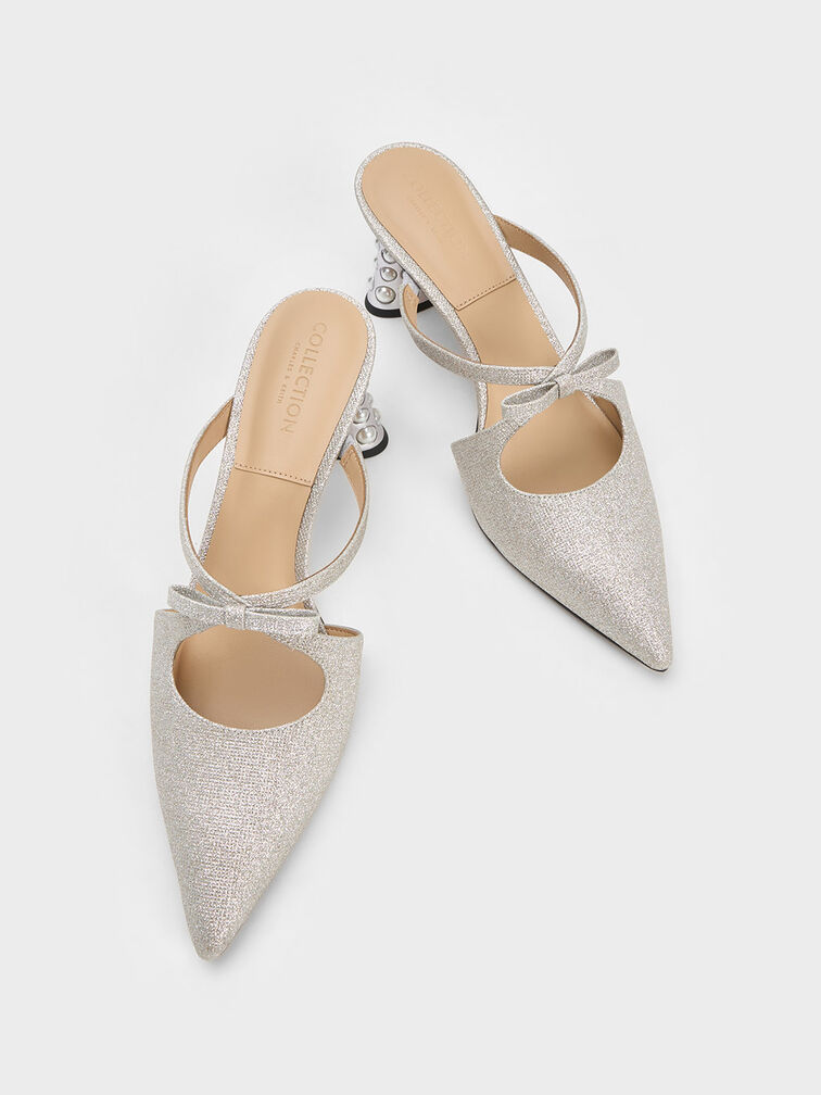 Sepatu Bow Mules Beaded Heel Glittered, Silver, hi-res
