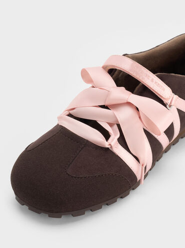 Silko Faux Suede Satin-Lace Ballet Sneakers, Dark Brown Textured, hi-res