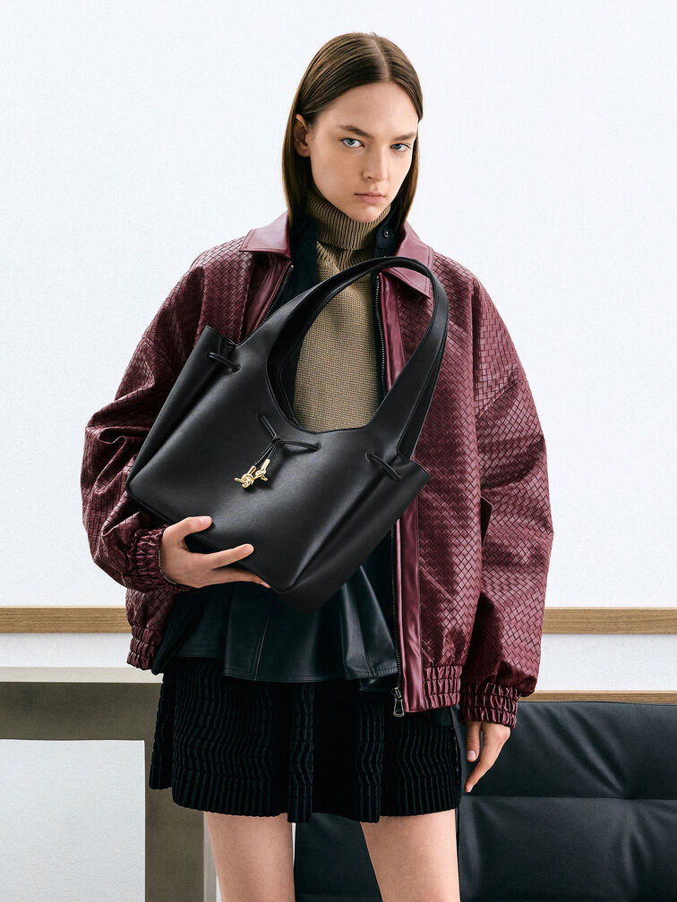 Tas Tote Drawstring Metallic-Knot Mila, Black, hi-res