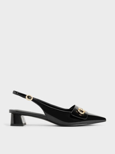 Sepatu Slingback Pumps Pointed-Toe Metallic-Accent, Black Box, hi-res