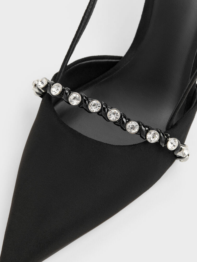 Faux Suede Crystal Slingback Pumps, Black Textured, hi-res