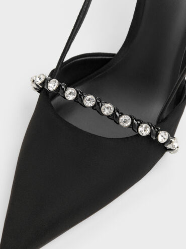 Faux Suede Crystal Slingback Pumps, Black Textured, hi-res