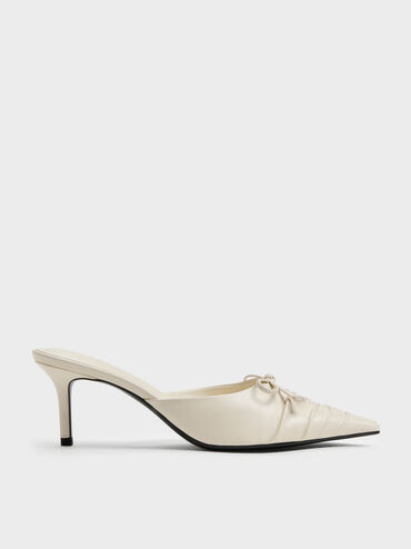Ruched Bow Pointed Heeled Mules, Chalk, hi-res
