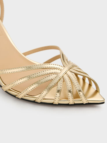 Jaylene Metallic Leather Peep-Toe Stiletto Sandals, Gold, hi-res