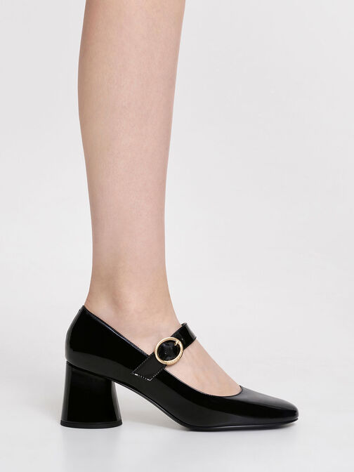 Sepatu Mary Janes Patent Cylindrical Block Heel, Black Patent, hi-res