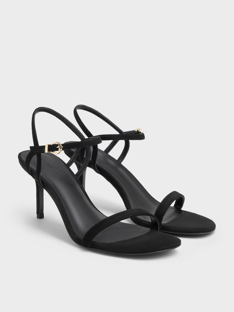 Sndal Heeled Ankle-Strap Faux Suede, Black Textured, hi-res