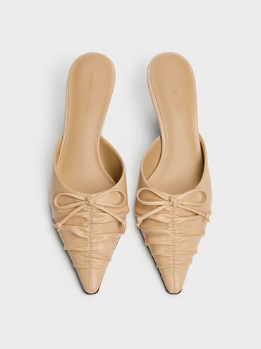 Ruched Bow Pointed Heeled Mules, Sand, hi-res