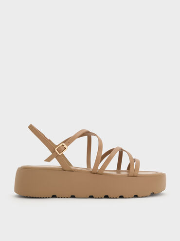Strappy Ridged-Sole Flatform Sandals, Taupe, hi-res