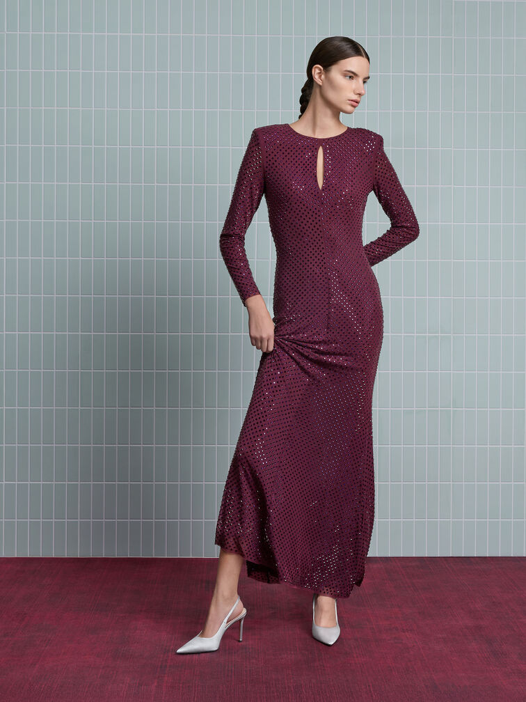 Sepatu Pumps Slingback Stiletto-Heel Teardrop-Crystal Satin, Silver, hi-res