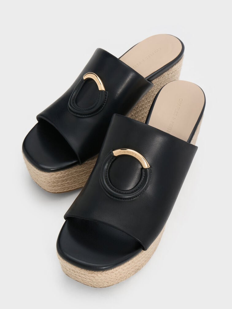 Sepatu Wedges Espadrille Metallic-Accent, Black, hi-res