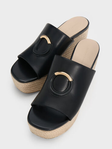 Sepatu Wedges Espadrille Metallic-Accent, Black, hi-res