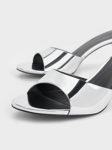 Sandal Mules Slant Heel Metallic Patent, Silver, hi-res