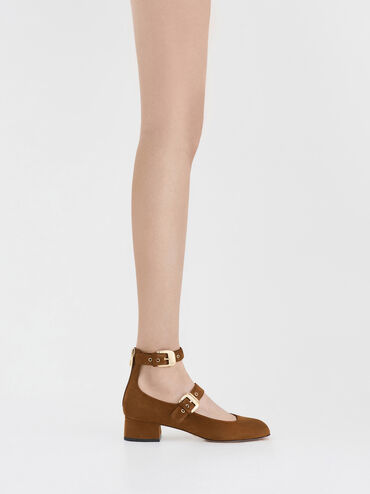 Suede Buckled Block-Heel Ankle-Strap Mary Jane Pumps, Brown, hi-res