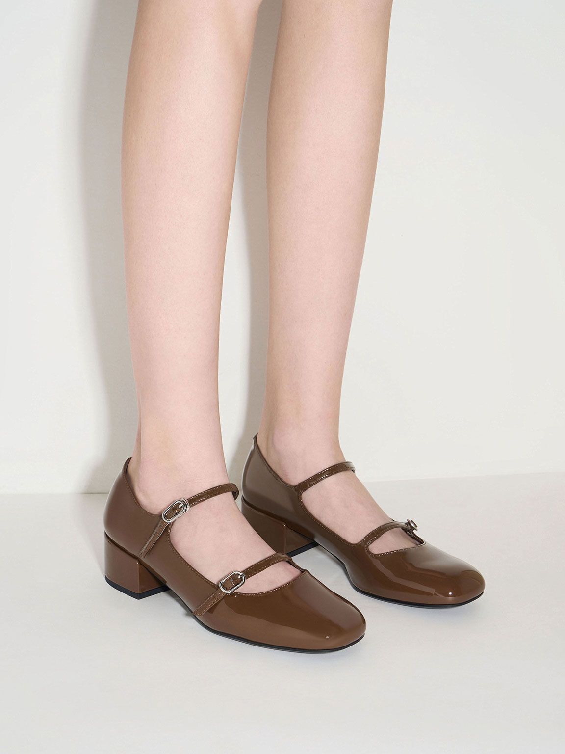 Brown Double Strap Block Heel Mary Janes CHARLES KEITH ID