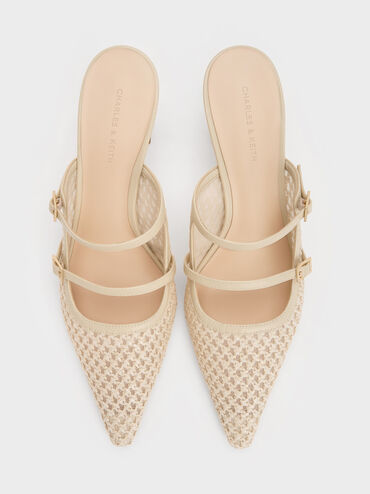 Sepatu Mules Pointed Sculptural-Heel Raffia, Beige, hi-res
