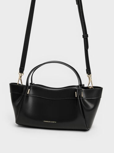 Clarice Pleated Double-Handle Tote Bag, Black, hi-res