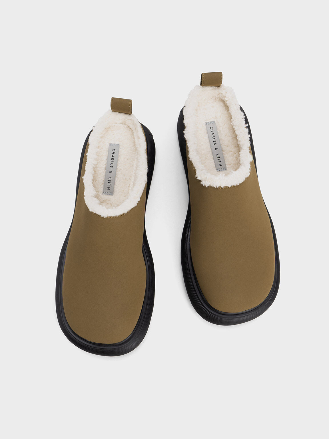 Sepatu Mules Fur-Trim Round-Toe Platform, Olive, hi-res