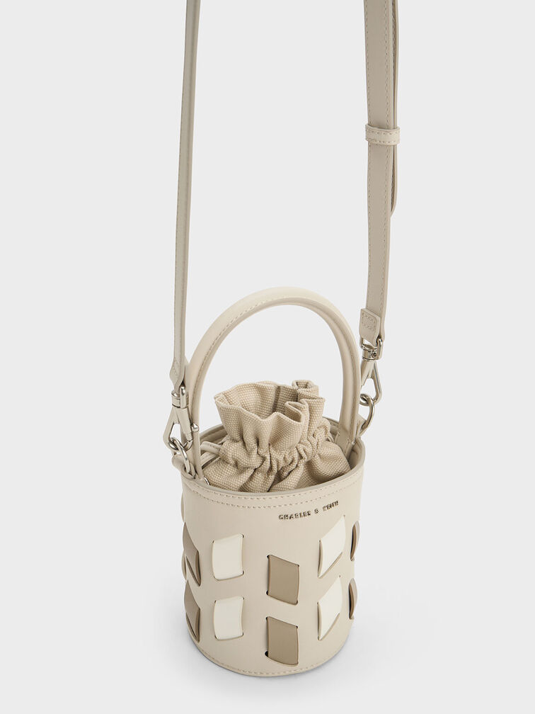 Canvas Panelled Bucket Bag, Taupe, hi-res