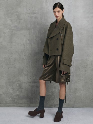 Sepatu Pumps Loafer Platform Block-Heel Faux Suede, Dark Brown Textured, hi-res