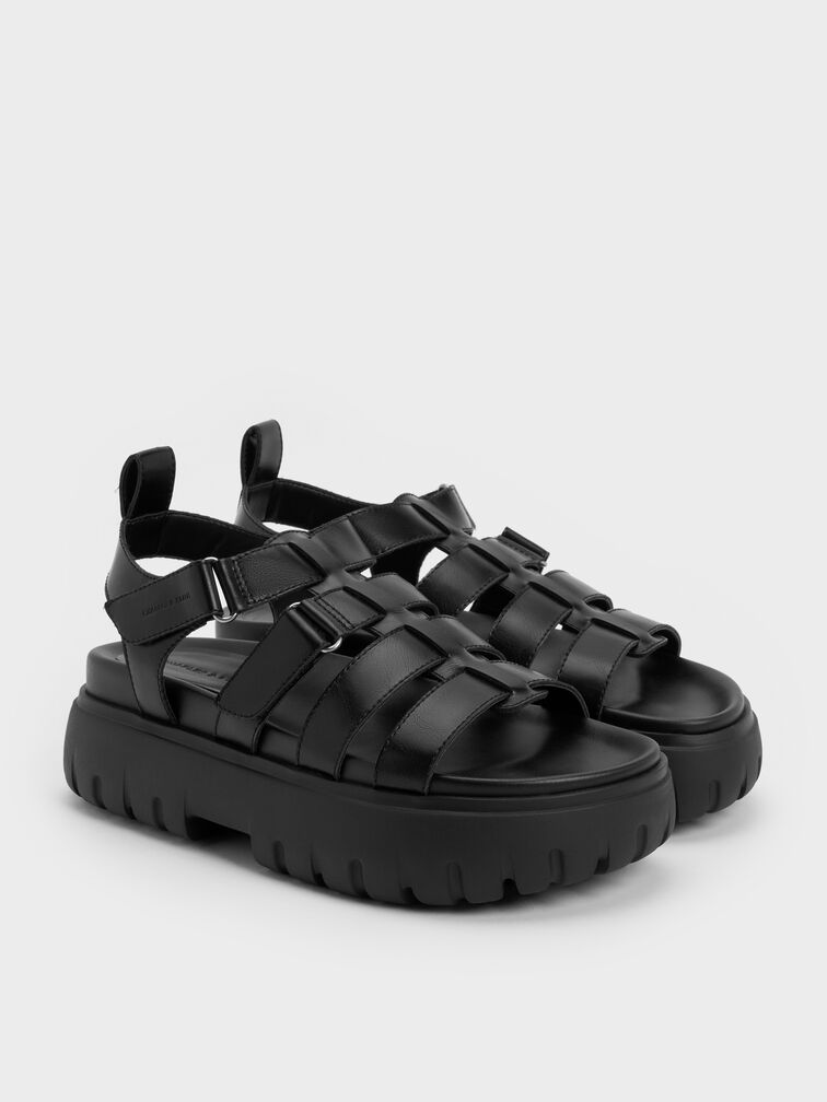 Platform Caged Sandals, Black, hi-res