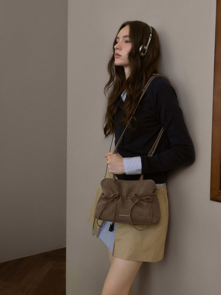 Tas Bahu Bow Ruched Reese, Stone Grey, hi-res