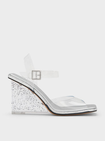See-Through Speckled-Heel Ankle-Strap Wedges, White, hi-res