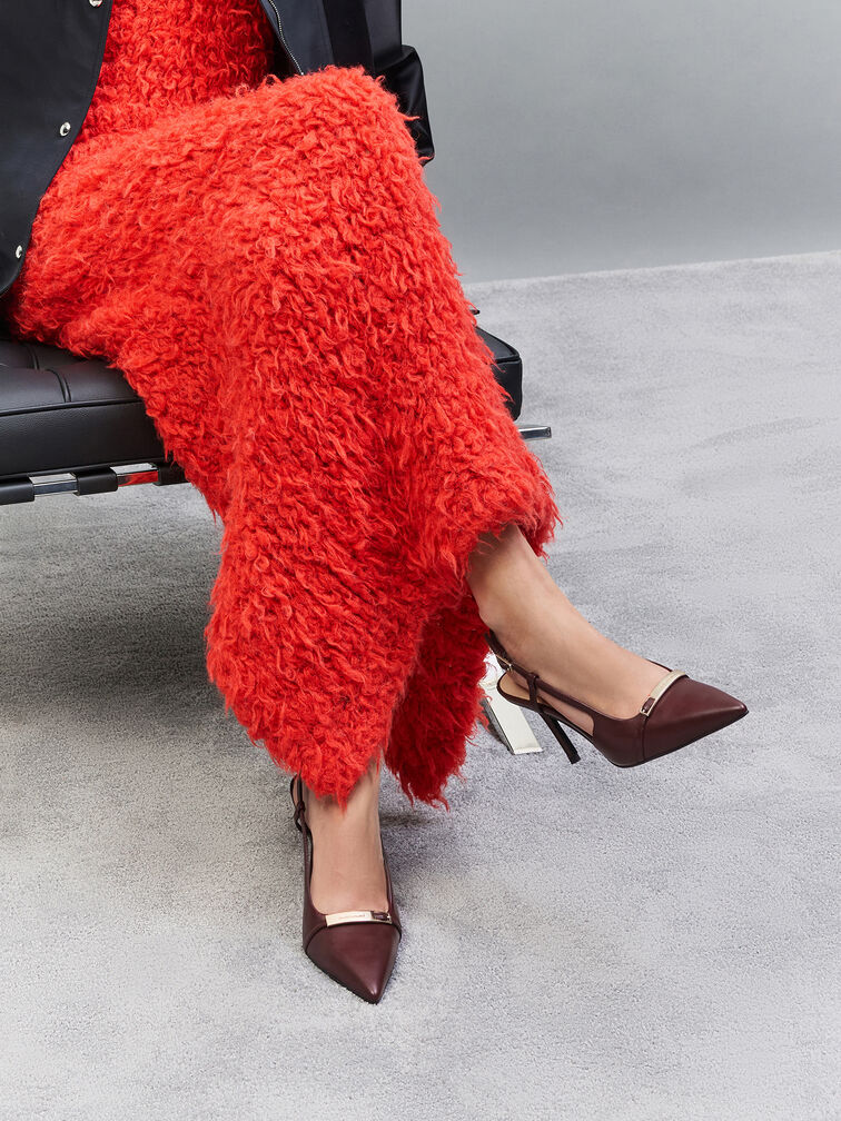 Sepatu Pumps Slingback Pointed Metallic-Bar, Burgundy, hi-res