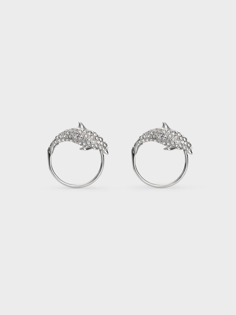 Anting Crystal-Hoop Dolphin Delfina, Silver, hi-res
