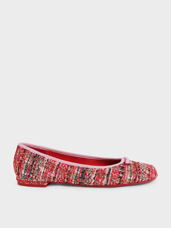 Sepatu Flat Ballerina Tweed Bow-Tie, Red, hi-res