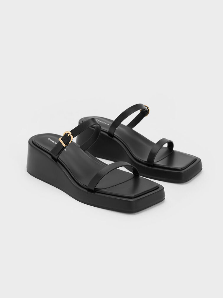 Sepatu Wedge Mules Square-Toe, Black, hi-res