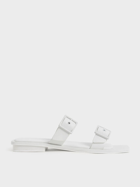 Sandal Slide Square Toe Buckled, White, hi-res
