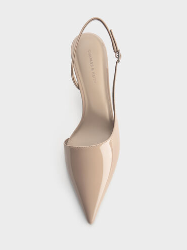 Patent Stiletto-Heel Pointed-Toe Slingback Pumps, Taupe, hi-res