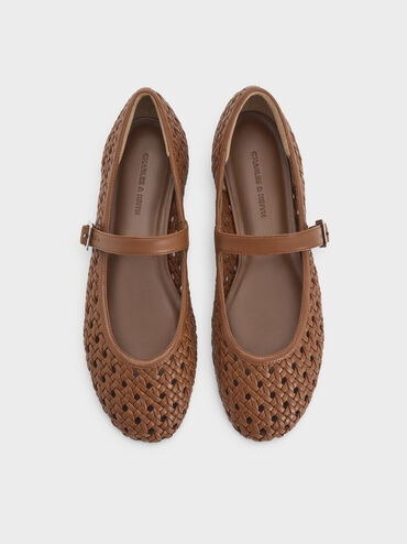 Sepatu Flats Mary Jane Woven, Brown, hi-res