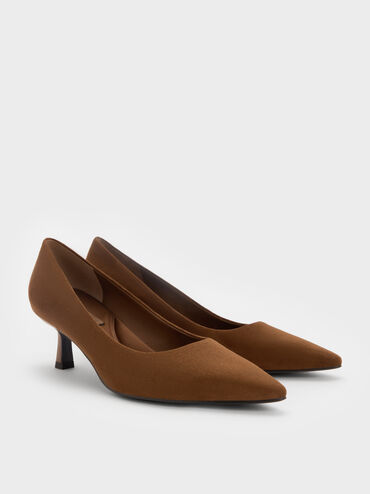 Sepatu Pumps Kitten Heel Pointed Emmy Textured, Cognac, hi-res