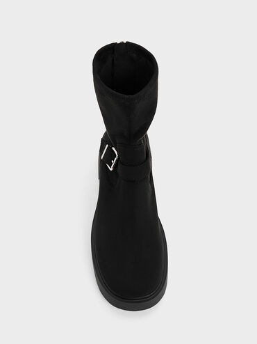 Sepatu Boots Ankle Platform Evan Faux Suede, Black Textured, hi-res