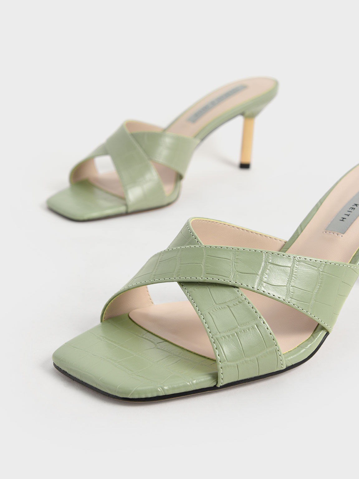 Sepatu Mules Blade Heel Crossover Croc-Effect Metallic, Animal Print Green, hi-res
