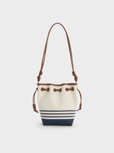 Tas Bucket Drawstring Striped Hanya Kanvas, Multi, hi-res