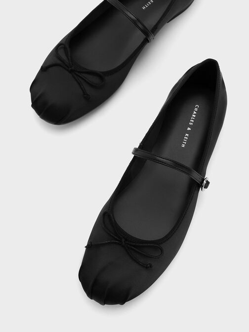 Sepatu Flats Mary Jane Satin Bow, Black, hi-res