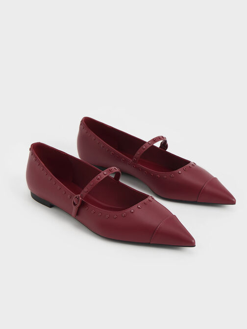 Studded Pointed-Toe Mary Jane Flats, Burgundy, hi-res