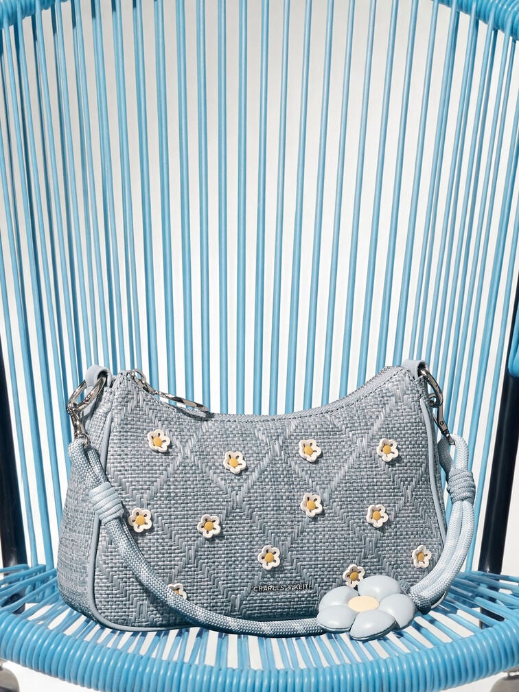 Tas Selempang Flower Philomena Raffia, Misty Blue, hi-res