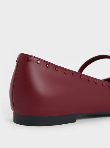 Sepatu Flats Mary Jane Studded Pointed-Toe, Burgundy, hi-res