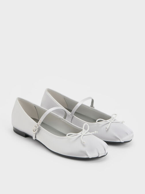 Sepatu Mary Jane Flats Satin Bow, Silver, hi-res