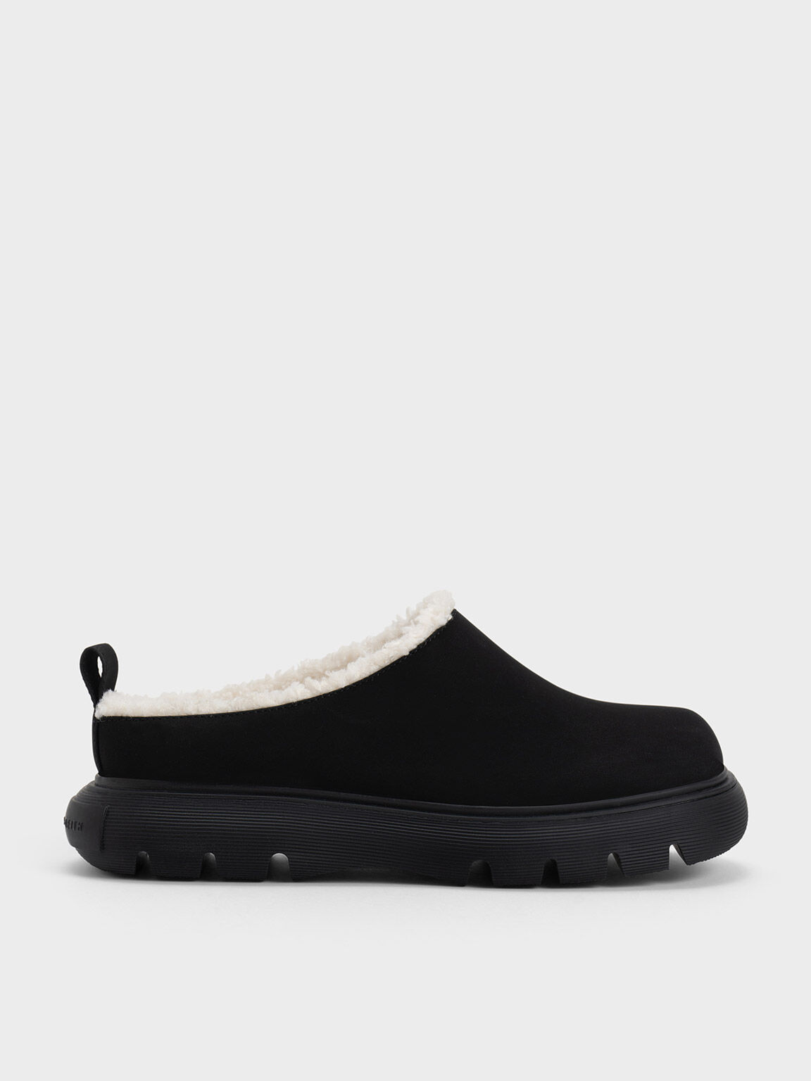 Sepatu Mules Fur-Trim Round-Toe Platform, Black, hi-res