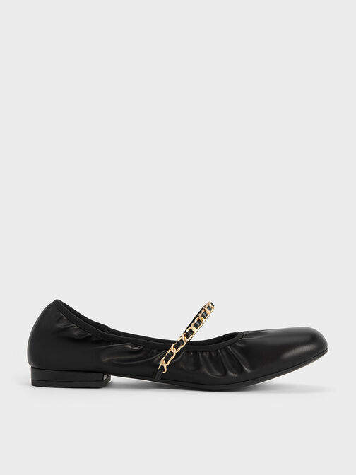 Sepatu Mary Janes Braided-Chain Strap, Black, hi-res