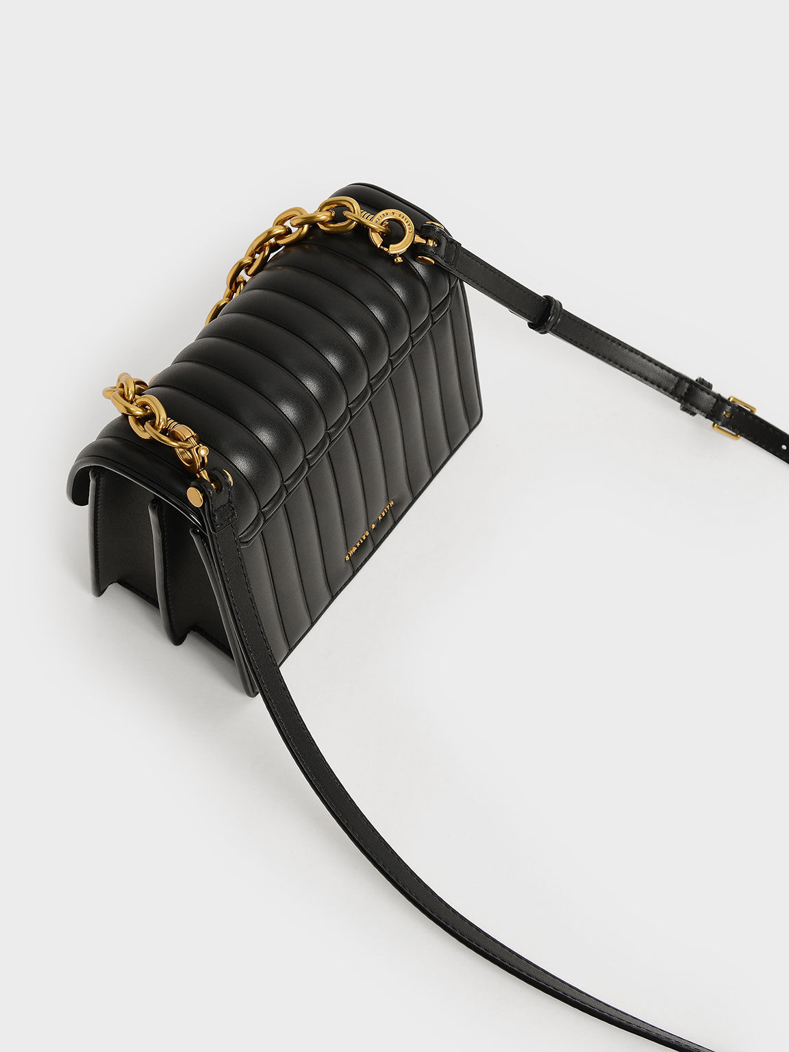 Panelled Chain Handle Bag, Black, hi-res