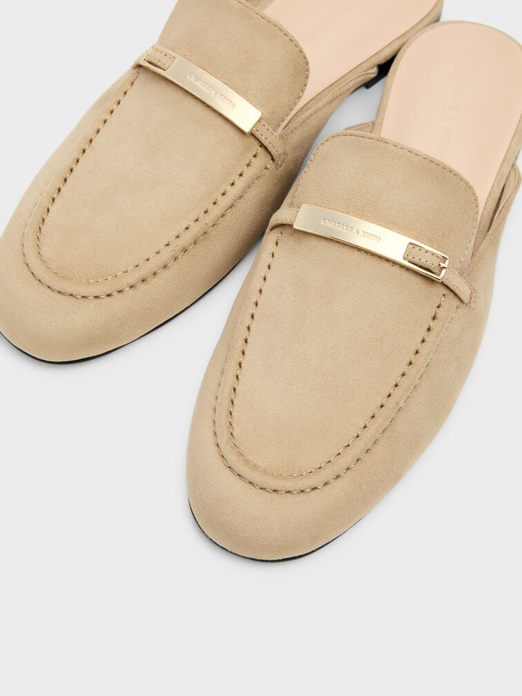 Faux Suede Metallic-Bar Loafer Mules, Beige, hi-res
